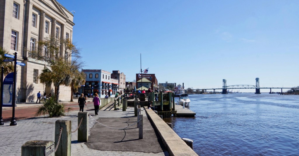 View of Wilmington NC Riverwalk and Cape Fear Memorial Bridge